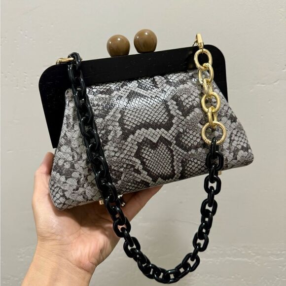 Snake Embossed Leather Handmade Wooden Frame Clutch, Wristlet, Crossbody Bag - Picture 10 of 16